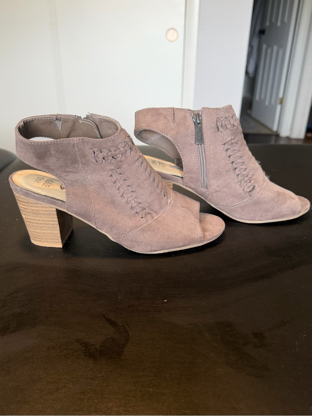 Suede Peep-Toe Block Heel Sandals in Taupe